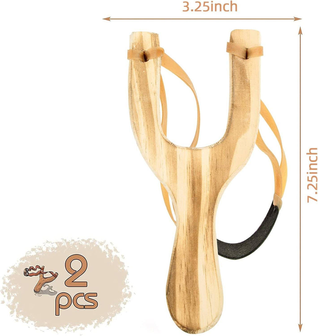Wooden slingshot set with two natural wood forks, tan straps, and black rubber bands