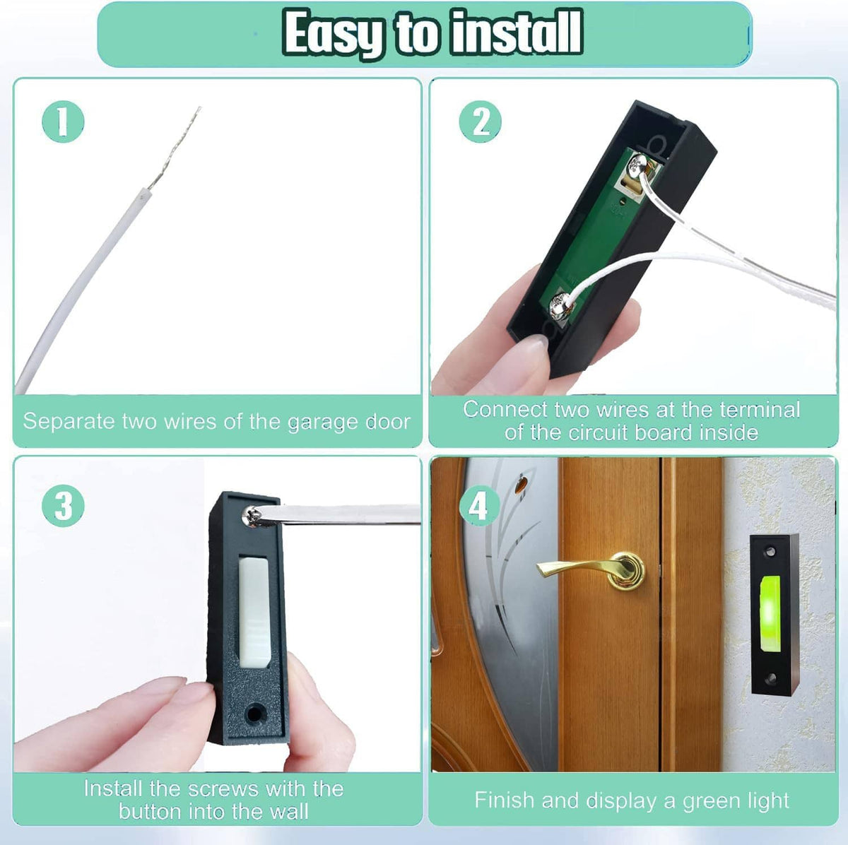 Wall-mounted doorbell push button with green LED lit and visible wiring terminal