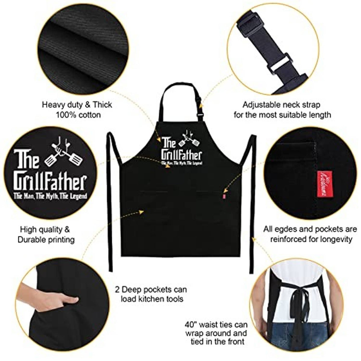 Black cotton grill apron with adjustable neck strap, reinforced edges, and front pockets
