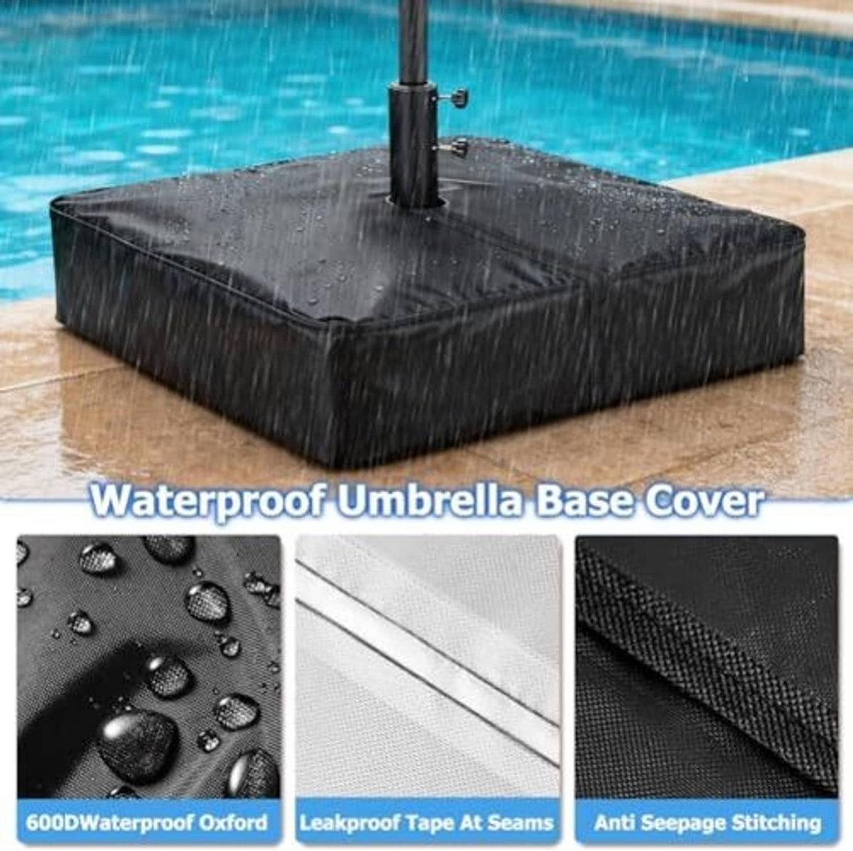 Black umbrella base cover with water droplets on the top surface.