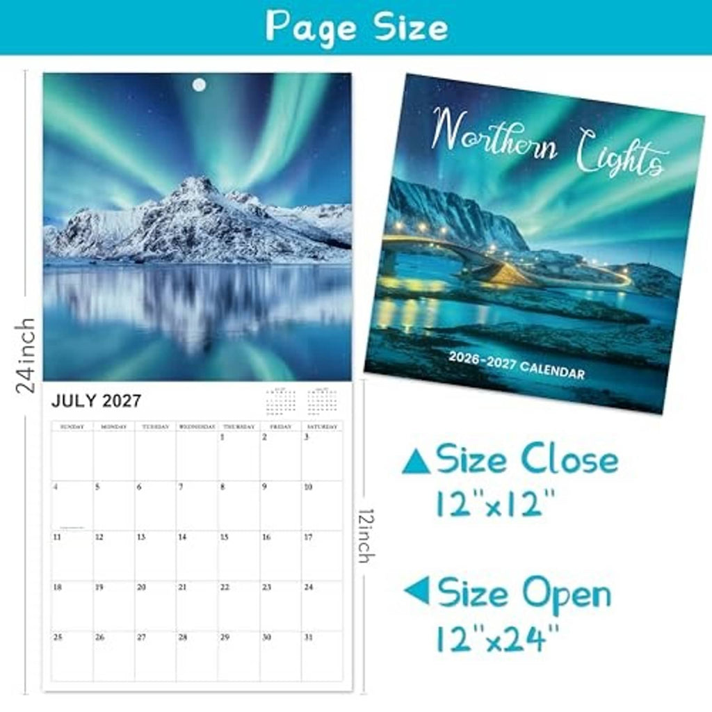 Wall calendar size chart with July 2027 page and cover image, 12x12 and 12x24
