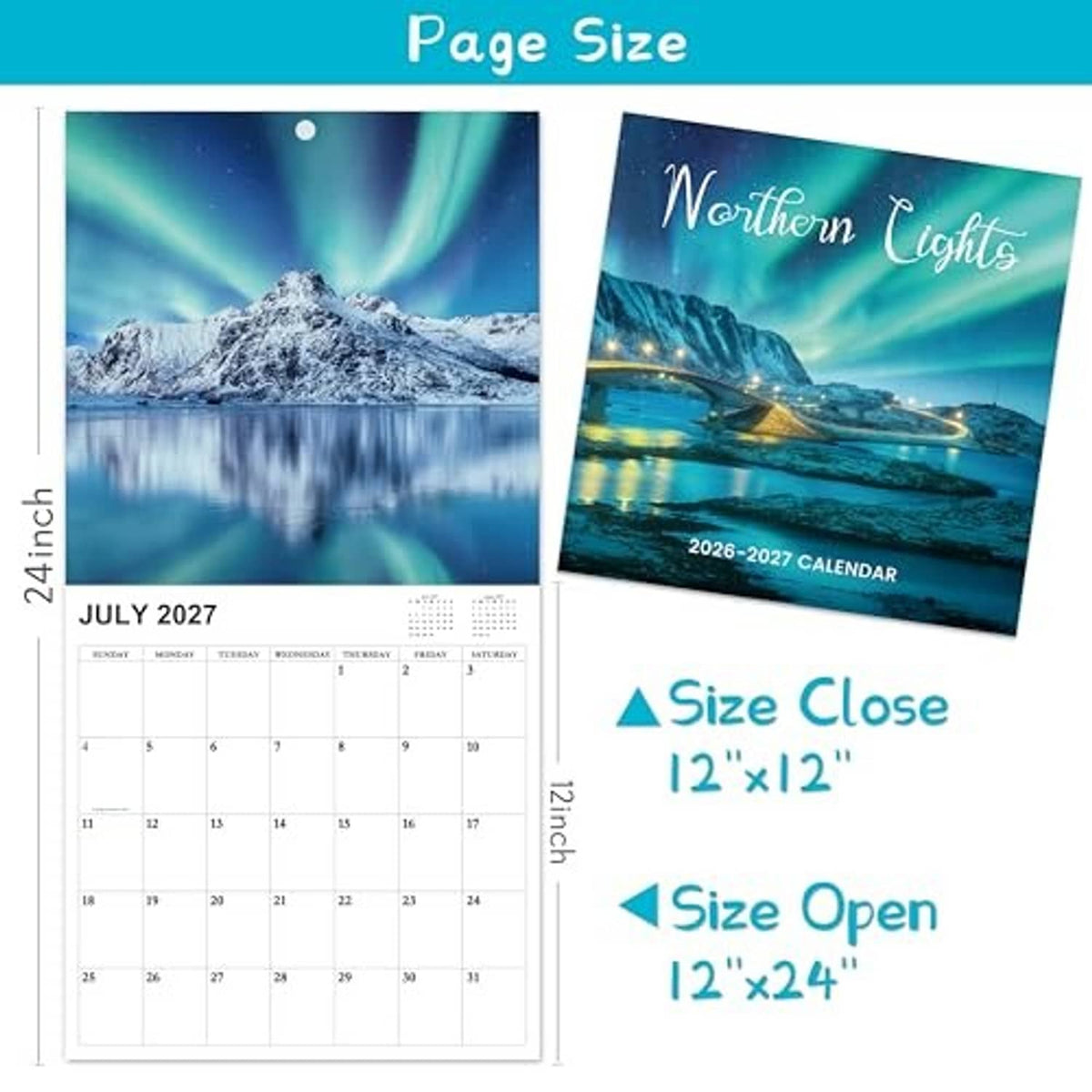 Wall calendar size chart with July 2027 page and cover image, 12x12 and 12x24