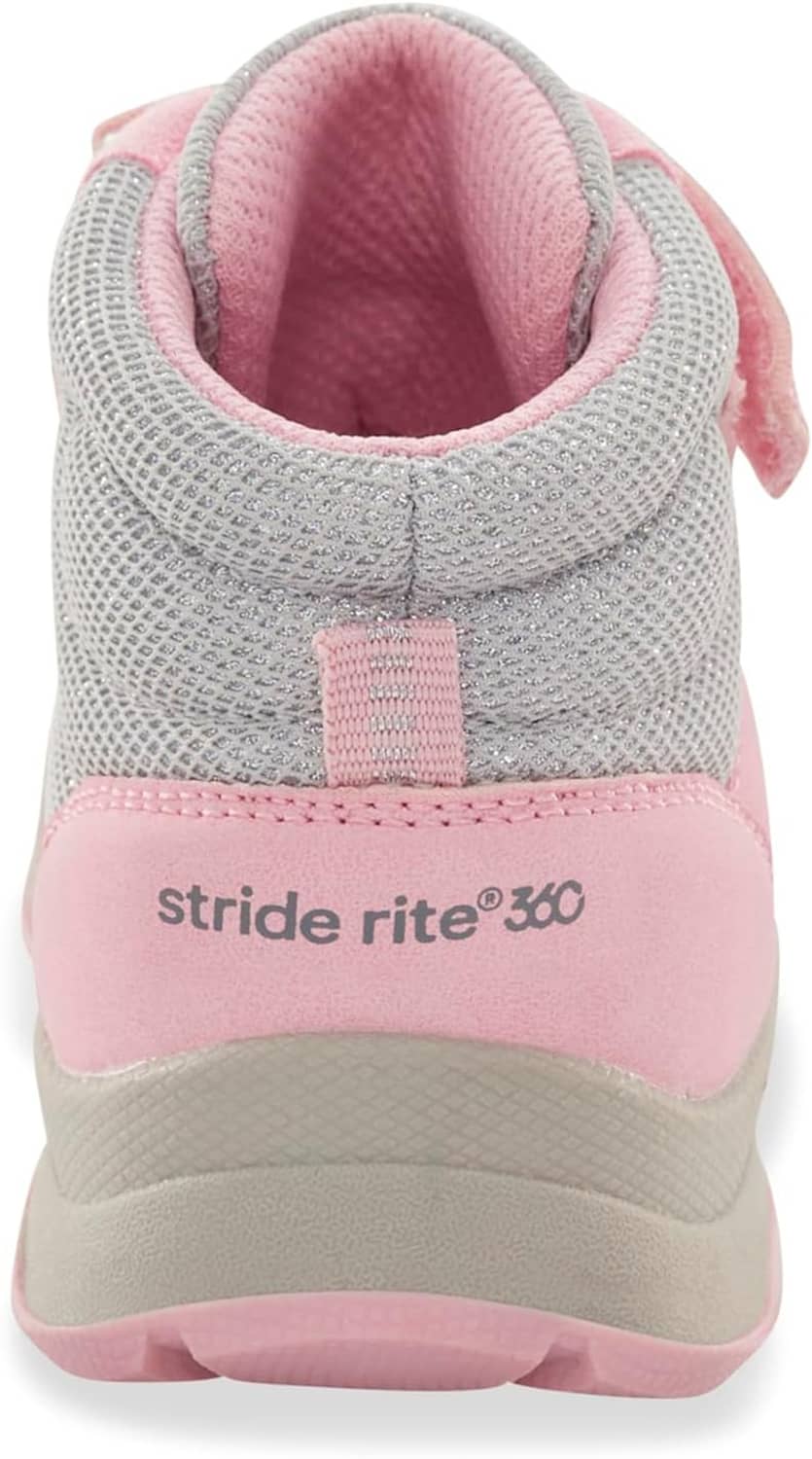 Kids' high-top sneakers with pink heel trim and “stride rite 360” logo on back