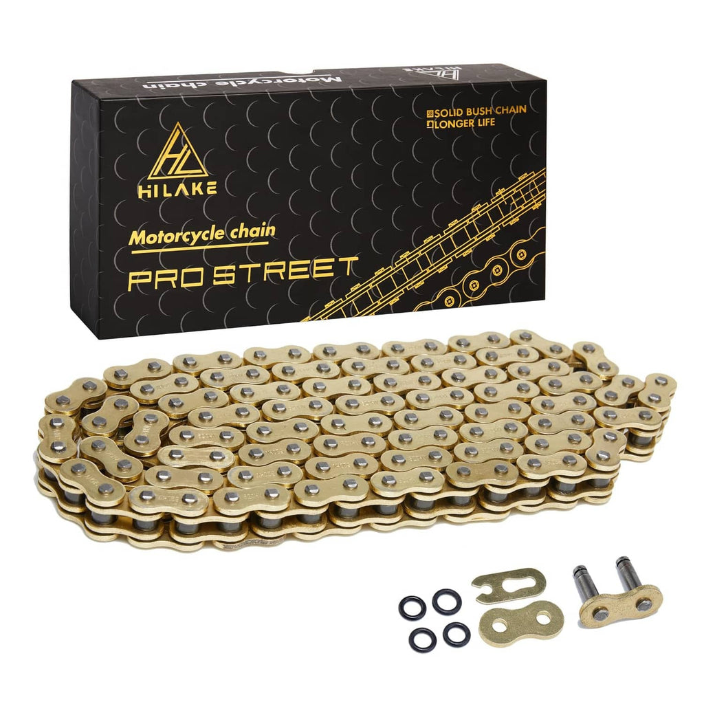 O-ring 520 motorcycle chain, 114 links in gold tone, with master links and clips