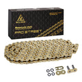 O-ring 520 motorcycle chain, 114 links in gold tone, with master links and clips