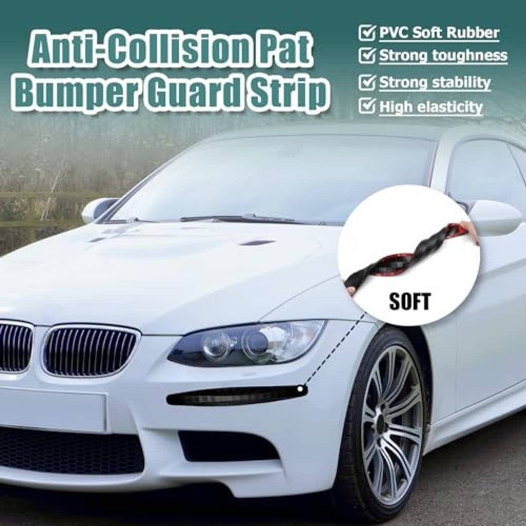 Black anti-collision bumper guard strip adhered to car front bumper corner
