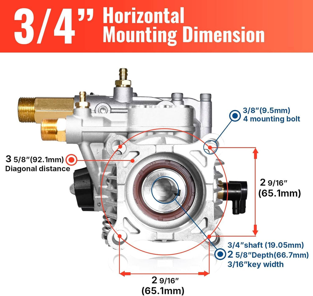 3/4-inch horizontal pressure washer pump with mounting dimension diagram and shaft detail