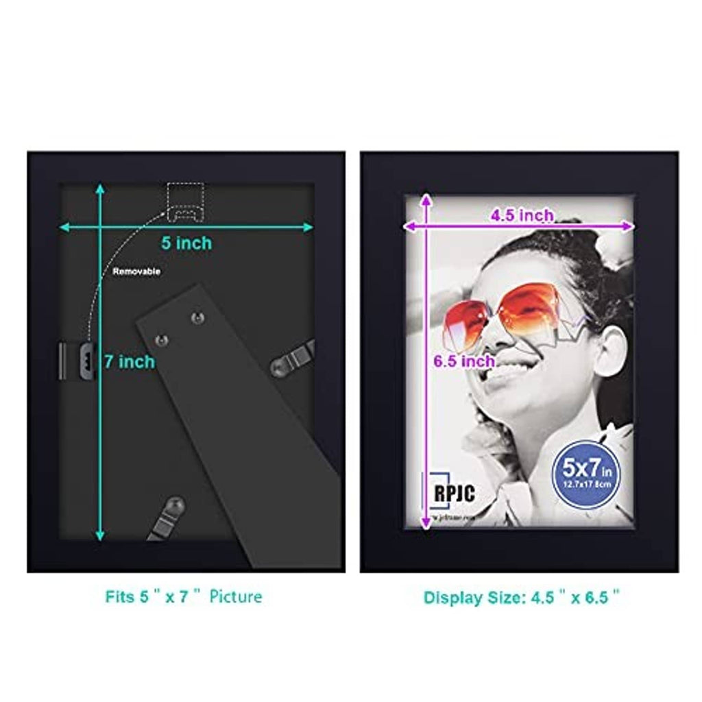 Black 5x7 picture frame size diagram with front photo and back layout
