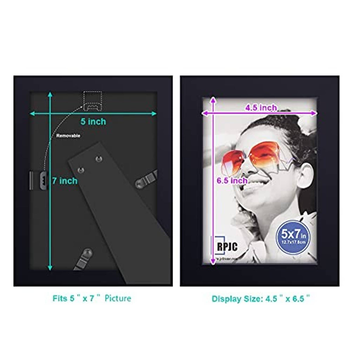 Black 5x7 picture frame size diagram with front photo and back layout
