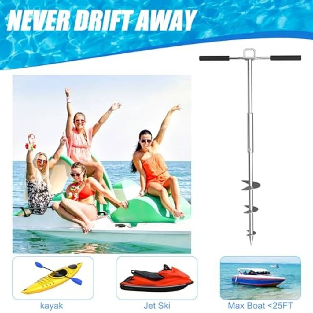 Stainless steel boat sand anchor with auger and long handle, shown as a portable setup