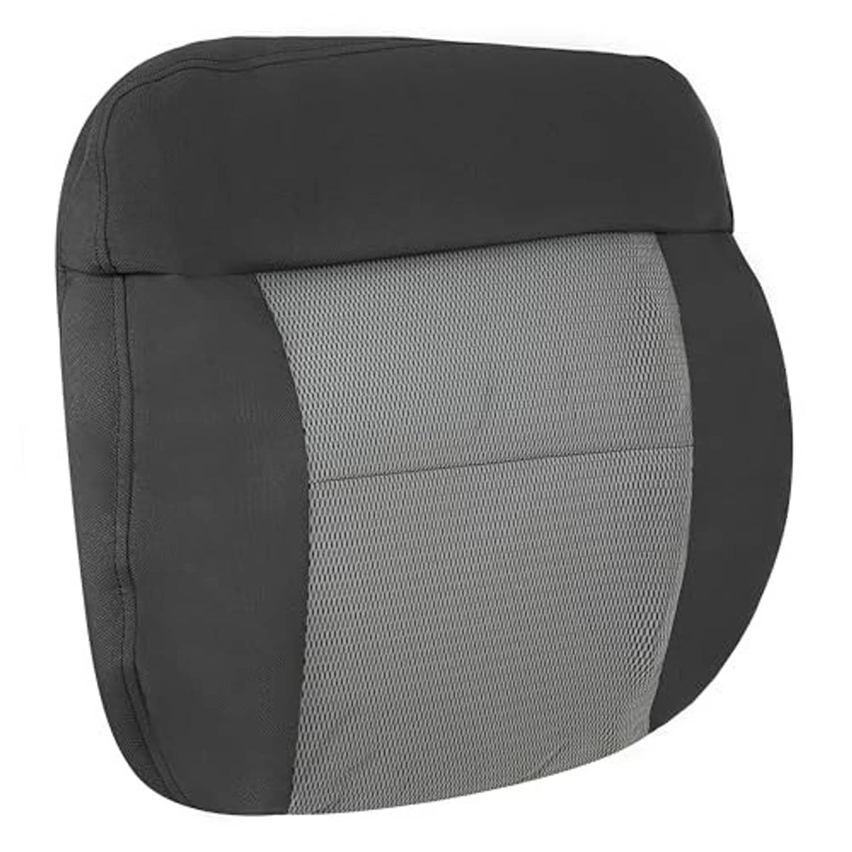 Dark gray driver-side seat cover with light gray mesh panel and side bolster stitching