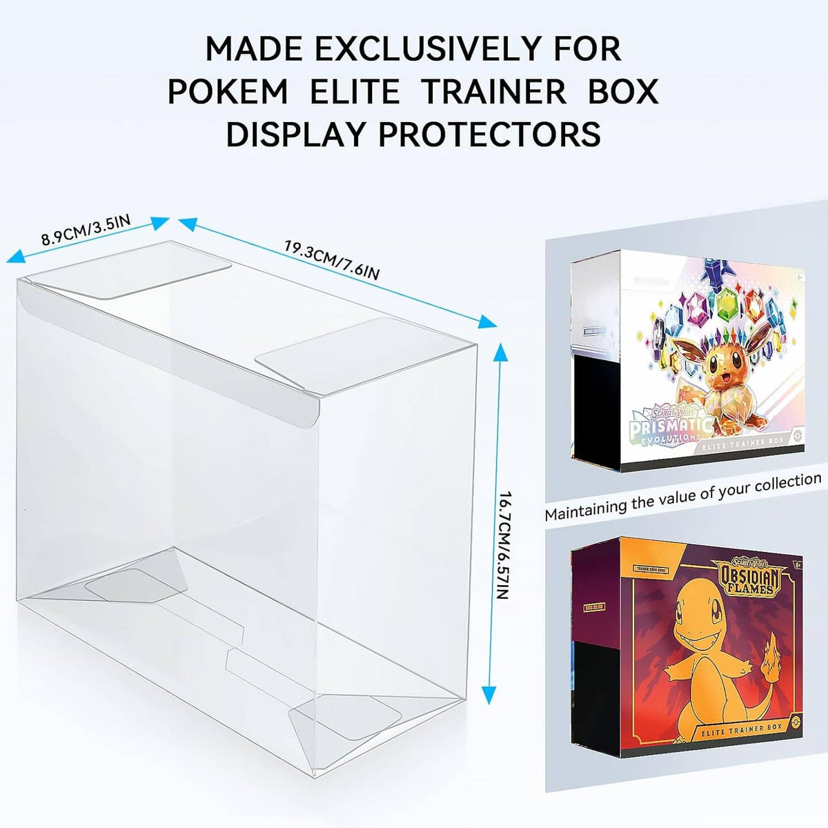 Clear ETB protector case display with top dimensions and inserted product