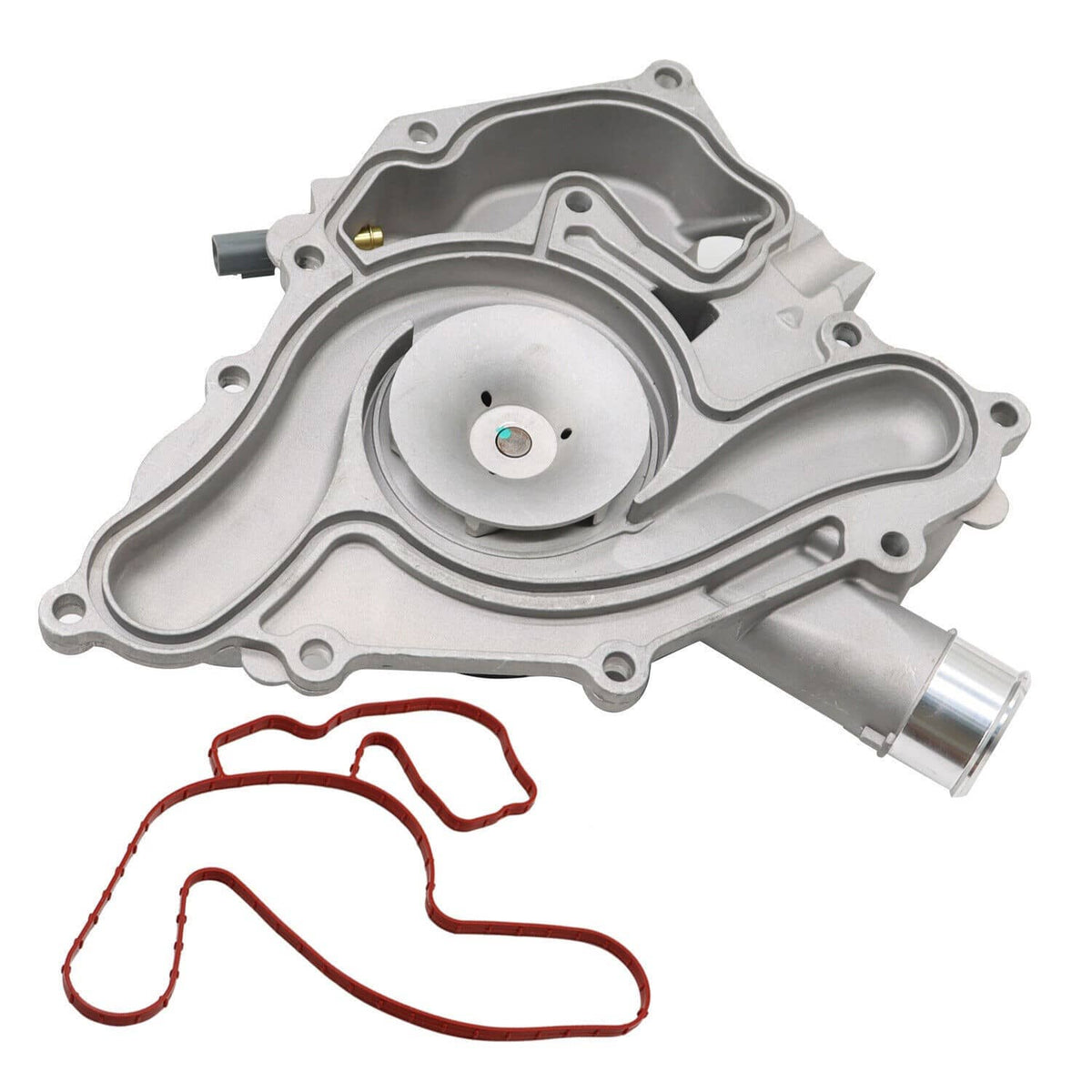 Water pump assembly with sensor, silver housing, round inlet port, includes red gasket
