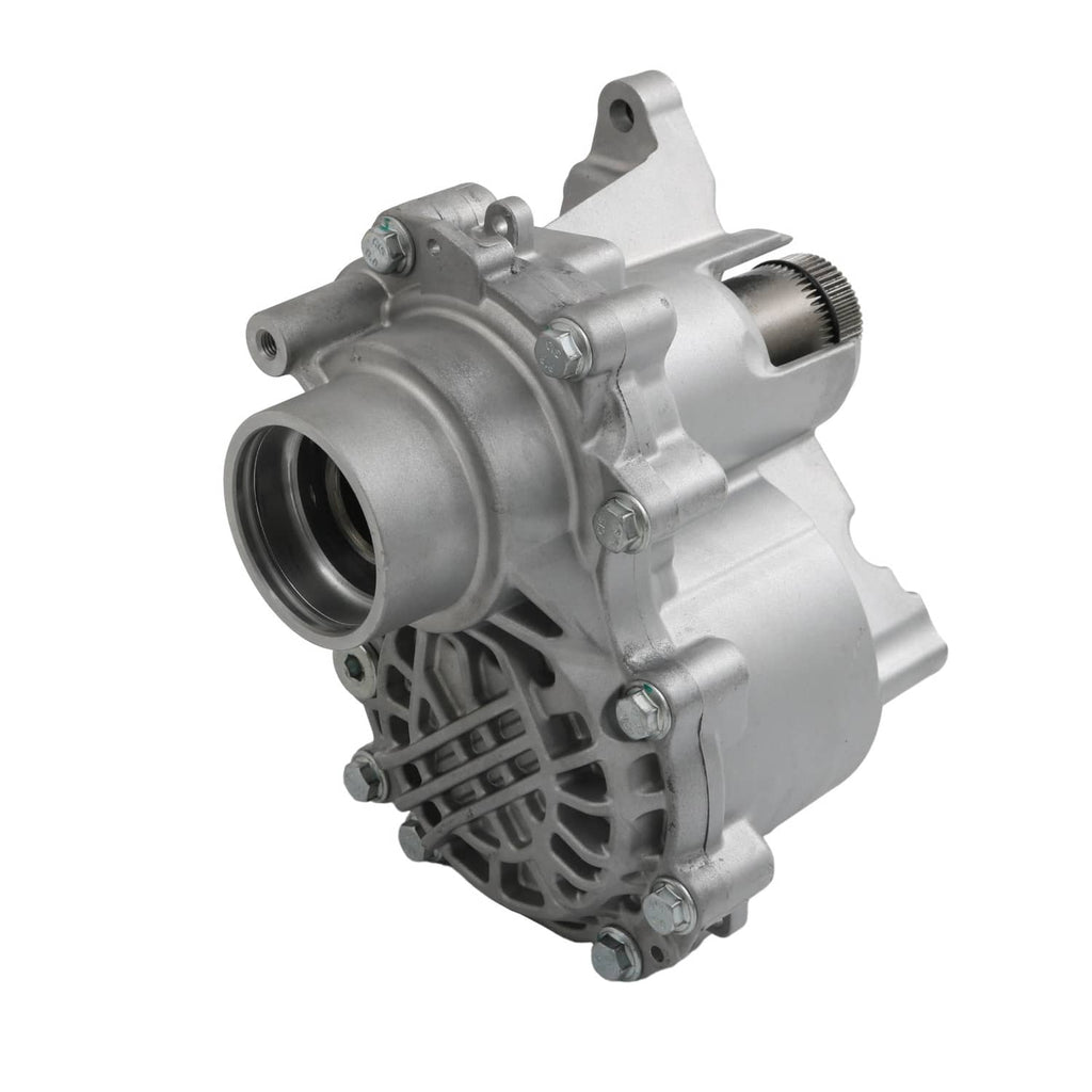 Transfer case housing assembly with left inlet flange and ribbed cast casing