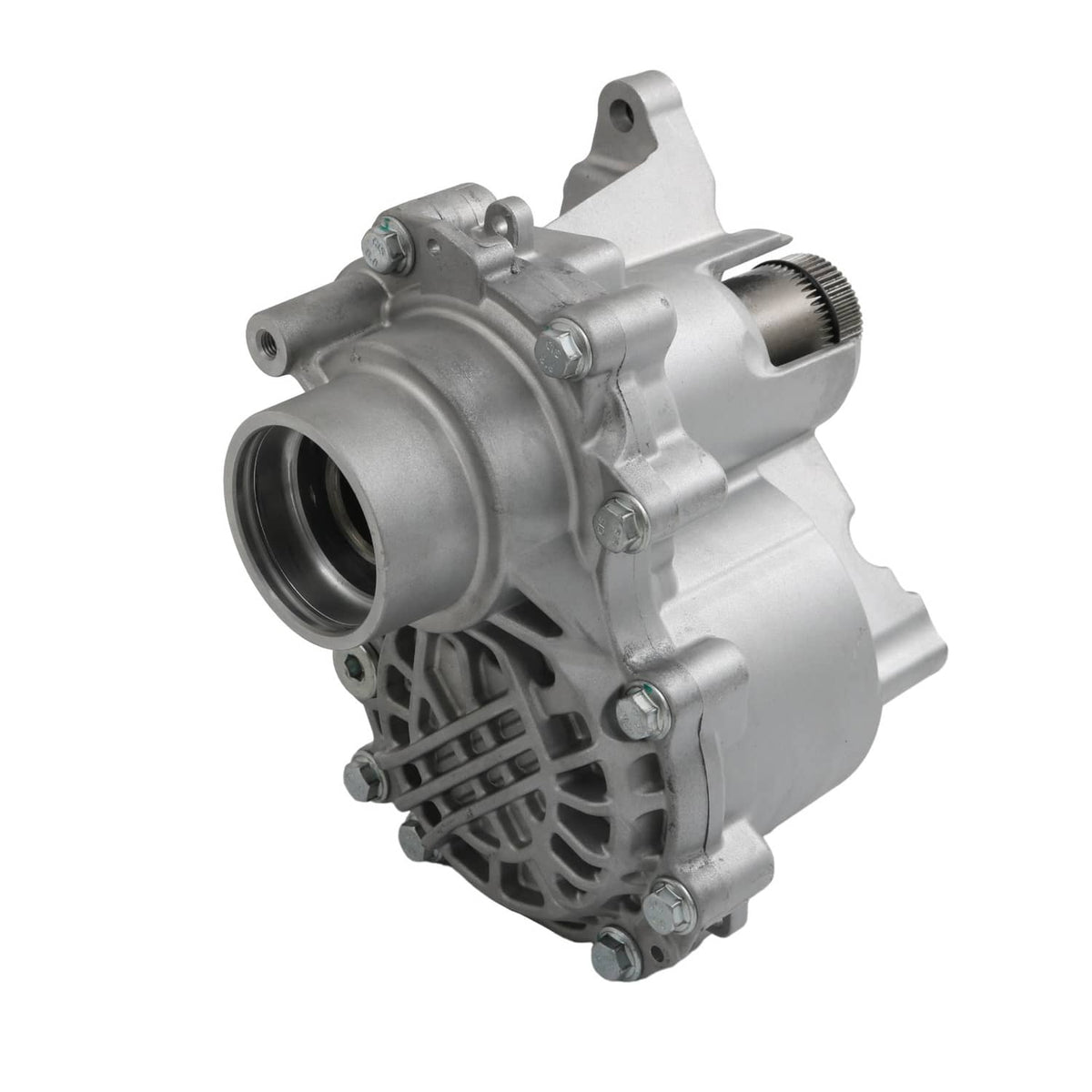 Transfer case housing assembly with left inlet flange and ribbed cast casing