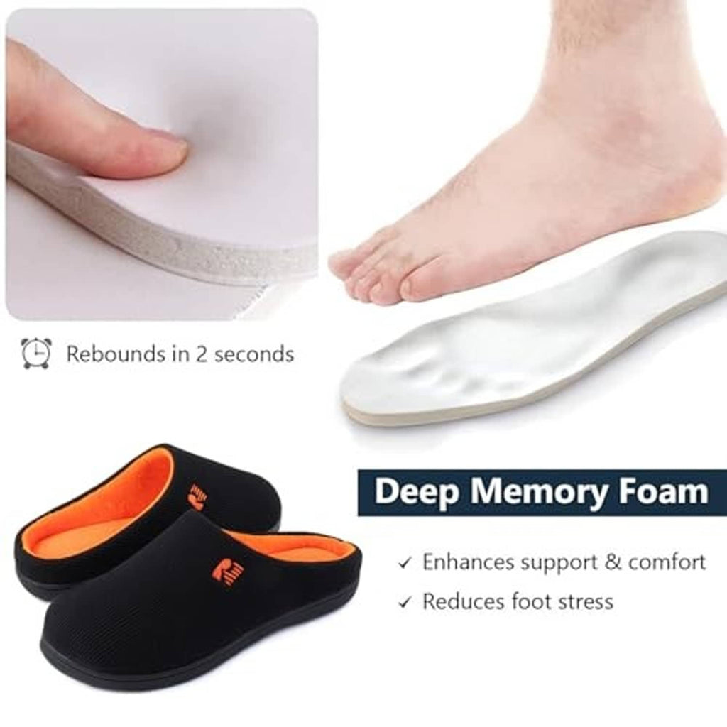 Black two-tone slippers with orange-lined openings and cushioned memory foam insole