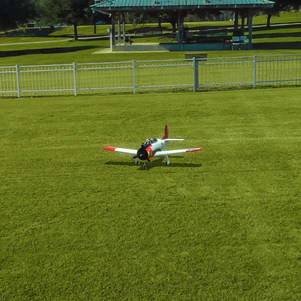Small RC airplane with red accents on grassy field