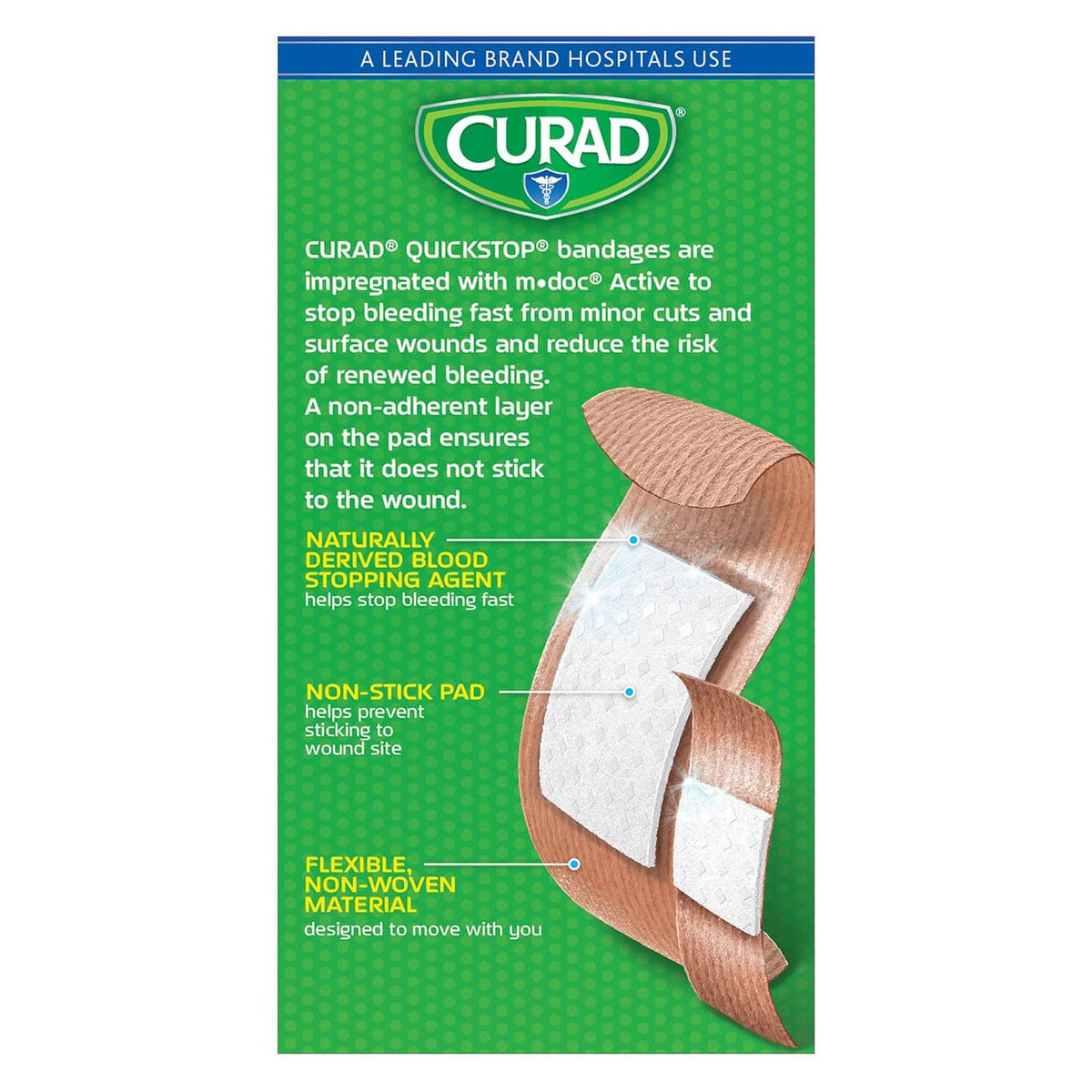 Curad QuickStop flex-fabric bandage box with non-stick pad and flexible design