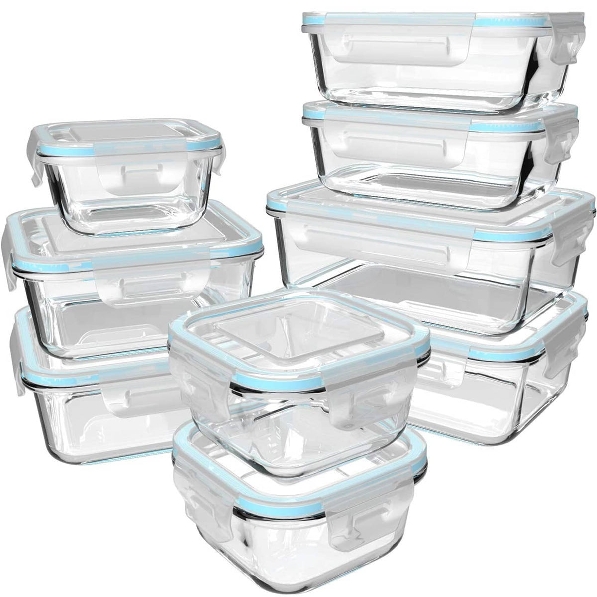 Stacked clear rectangular glass food storage containers with snap lids
