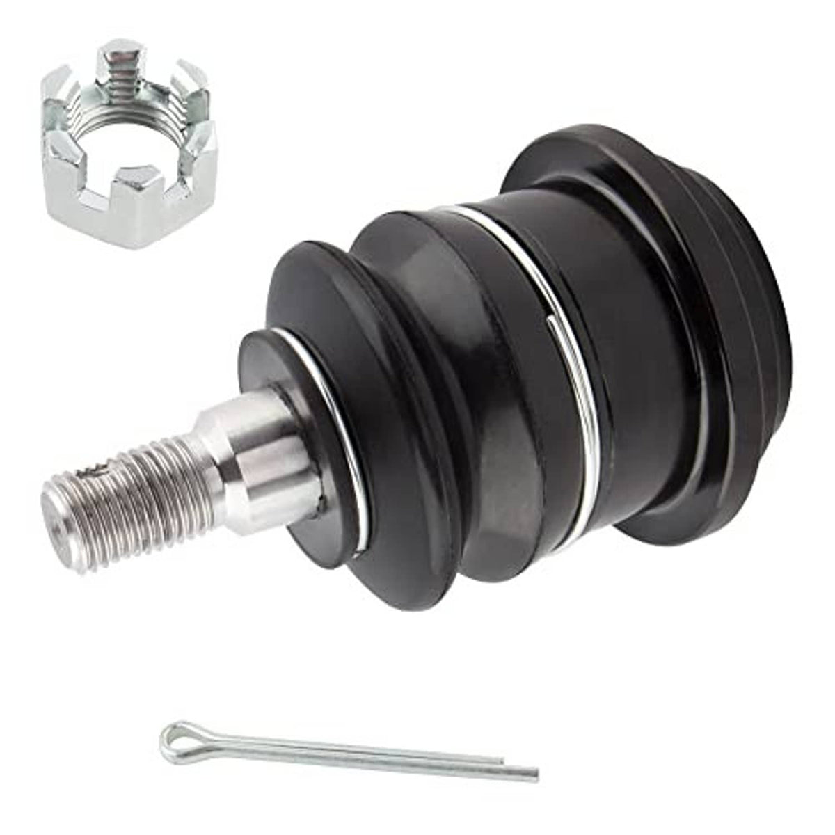 Ball joint with black boot, silver stud, and metal clip with wrench pin