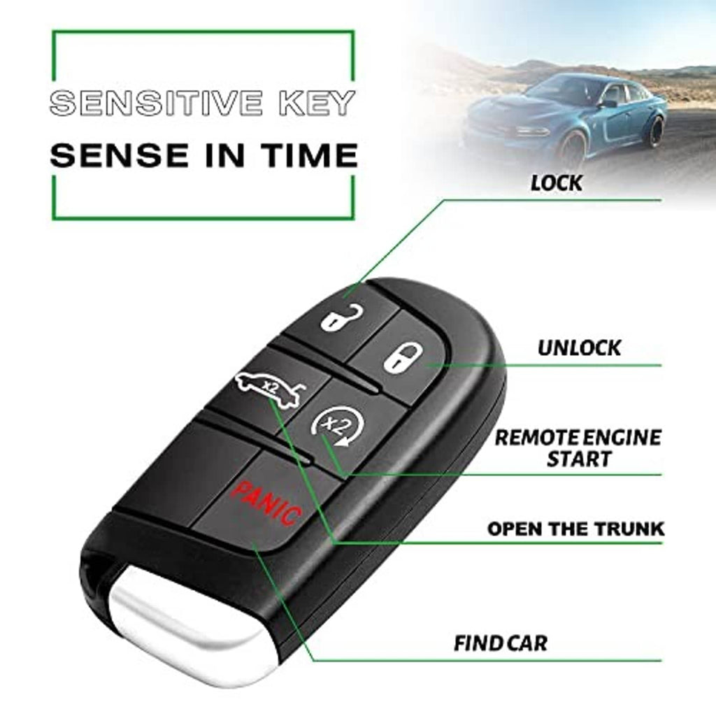 Black key fob with lock/unlock buttons, x2 icons, PANIC marking, with metal key blade