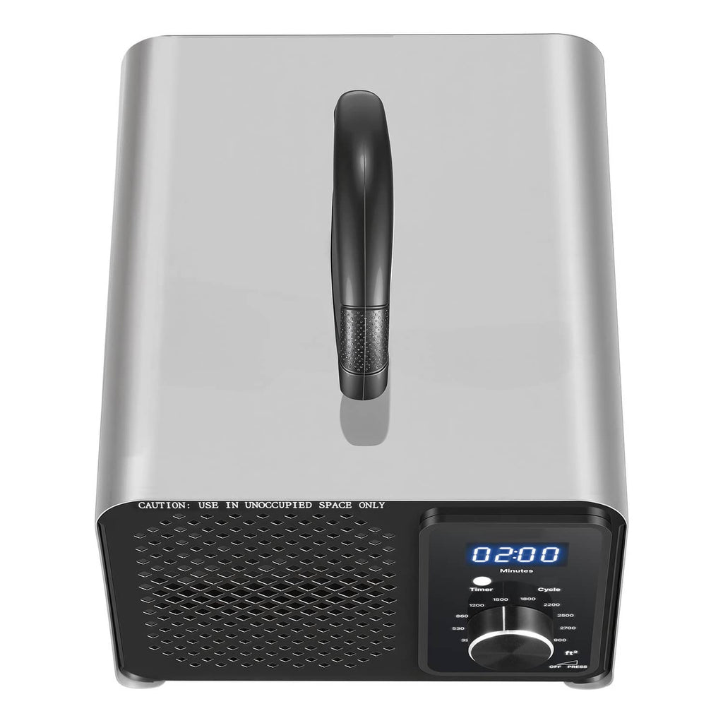 Ozone generator machine front panel with vented grille, handle, and blue timer
