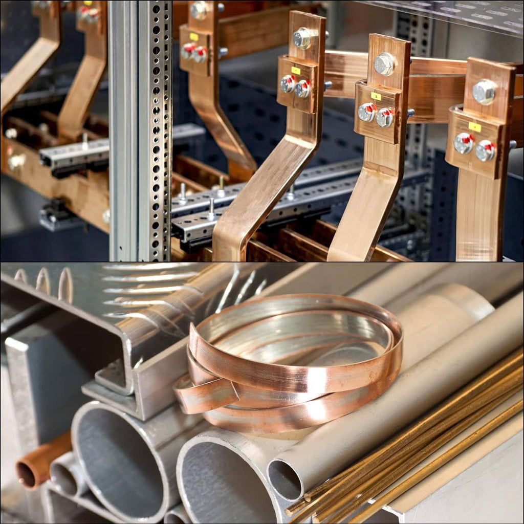 Copper flat bar held in an industrial metal fixture on a workbench.