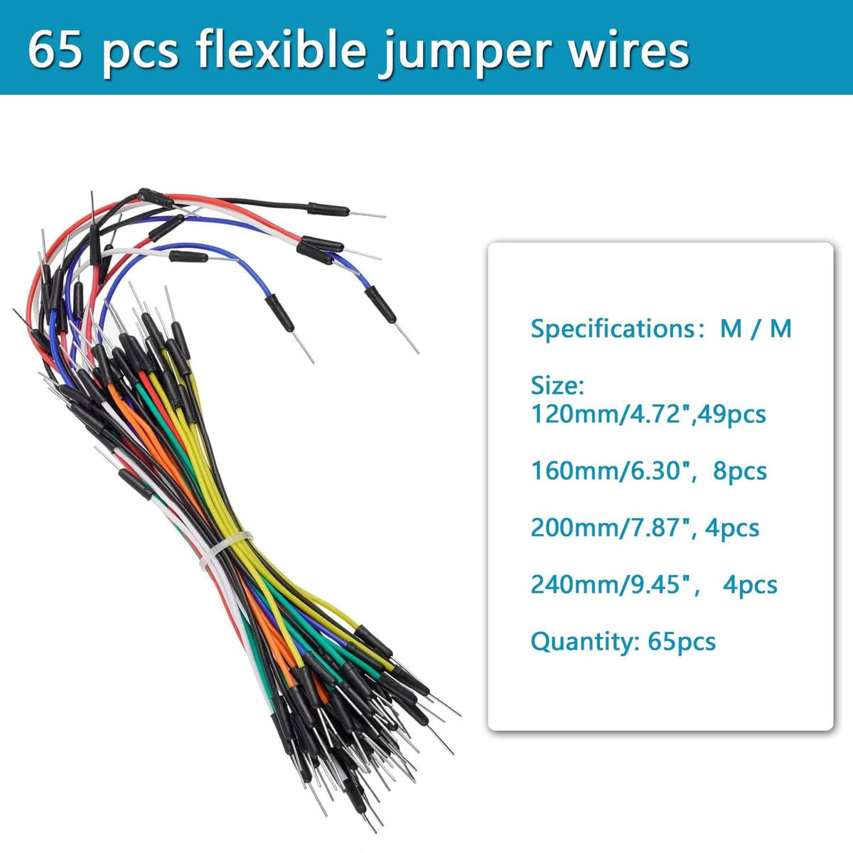 Set of 65 flexible jumper wires in mixed colors with straight pin ends
