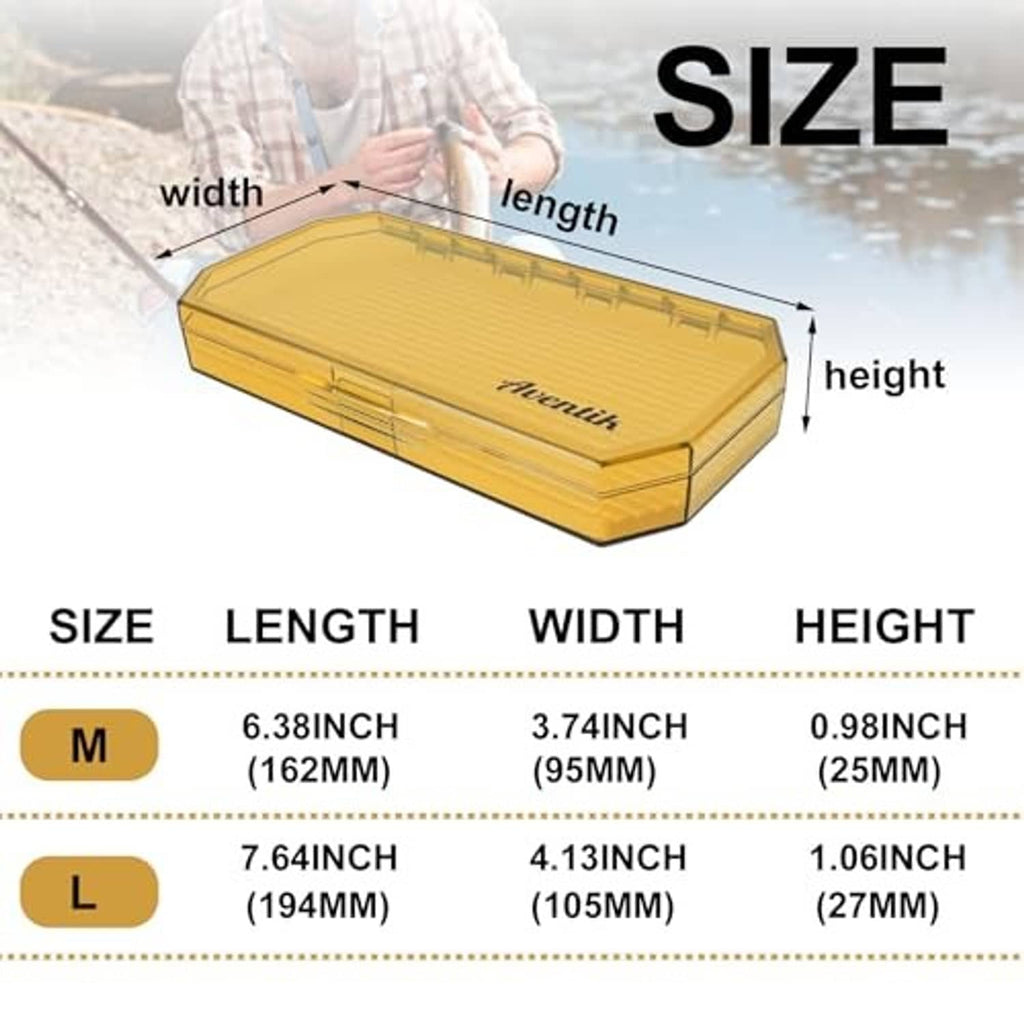 Yellow fly box with clear lid shown with length, width, and height labels