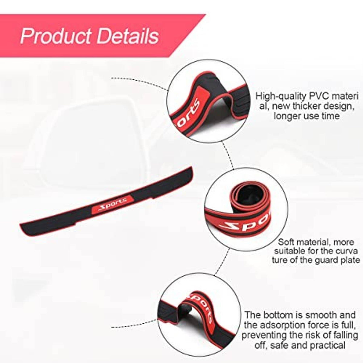 Universal rear bumper guard protector, black curved guard with red edging and Sports logo