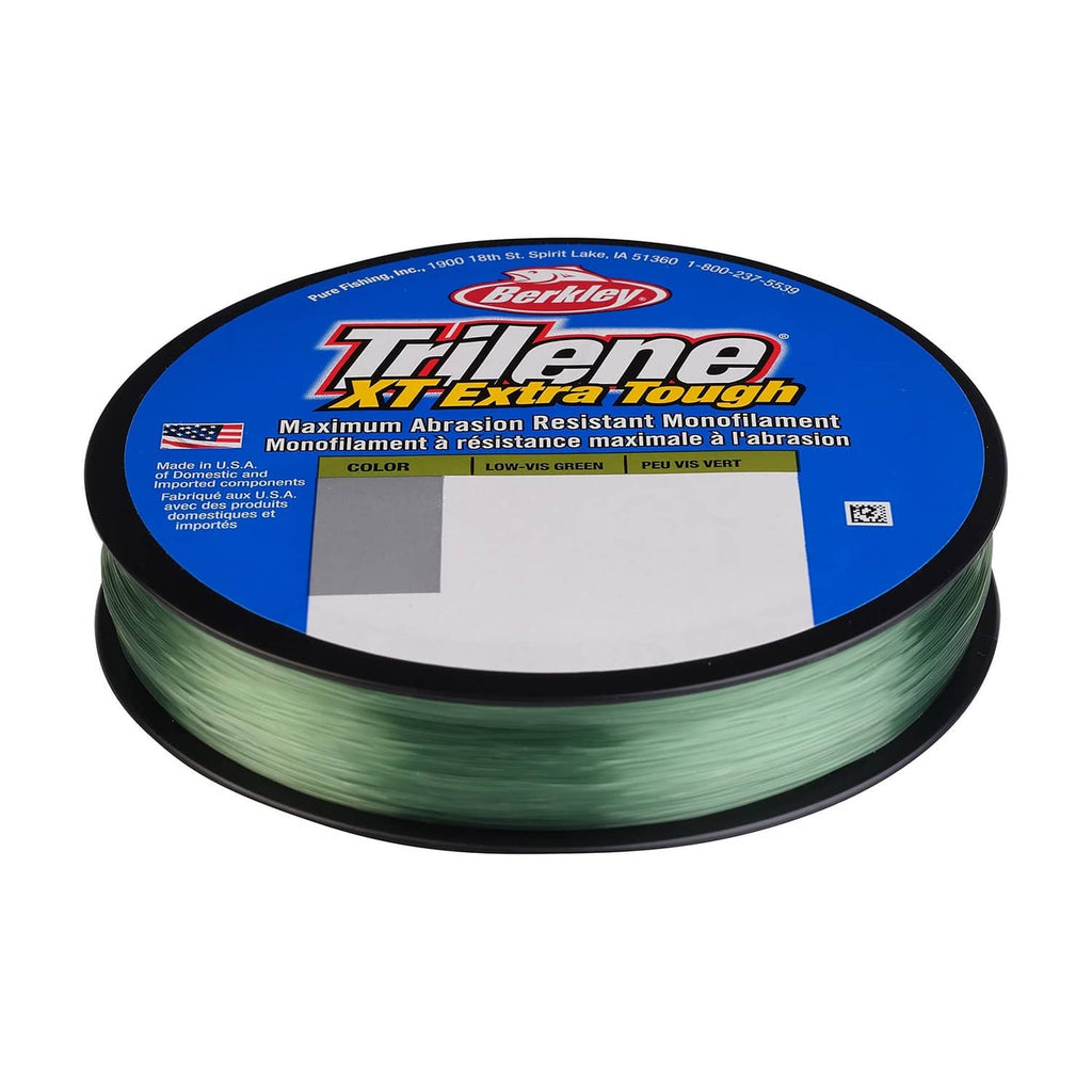 Low-vis green monofilament fishing line spool on black reel, blue Berkley Trilene XT label