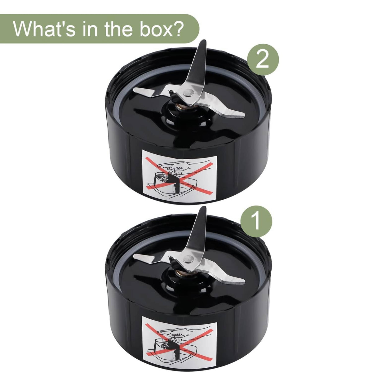 Two black blender blade replacement cups with cross blades, numbered 1 and 2