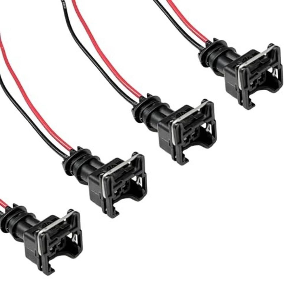 Fuel injector connector pigtail harness with black housings and red/black wire leads