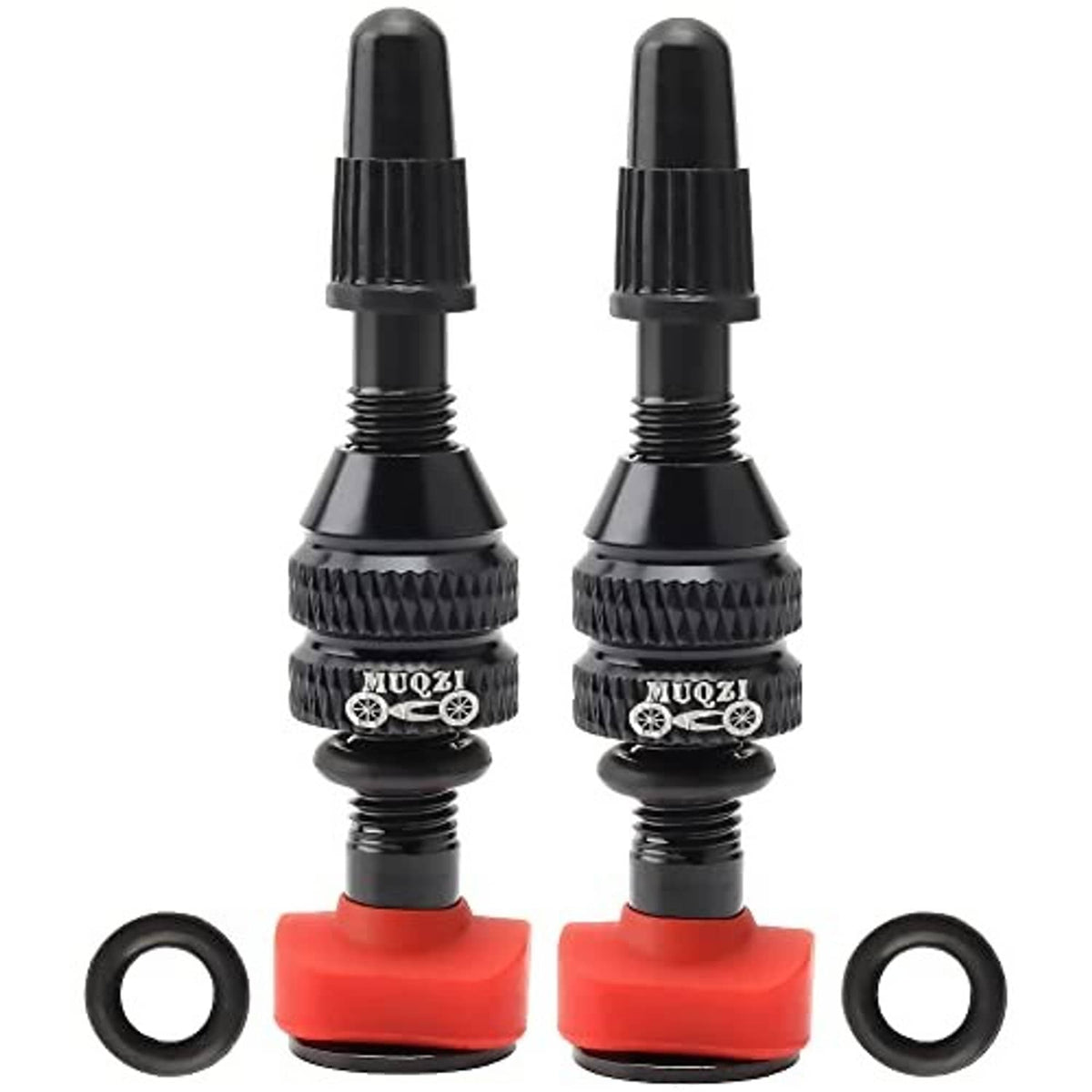Two black Presta tubeless valve stems with red bases and two included rubber O-rings