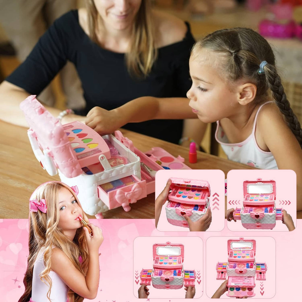Pink kids makeup kit open with compact palette and small lipstick bottles