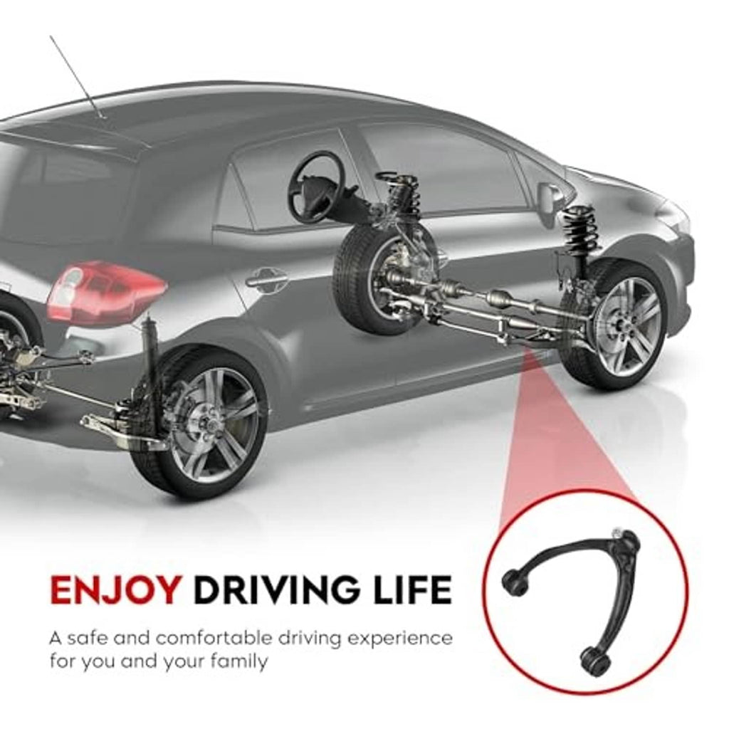 Car front suspension with a front upper control arm highlighted near the wheel.