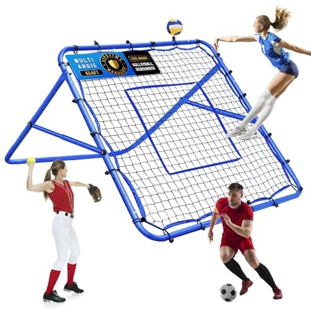 Blue rebounder net with white mesh grid and sturdy frame, front-left view