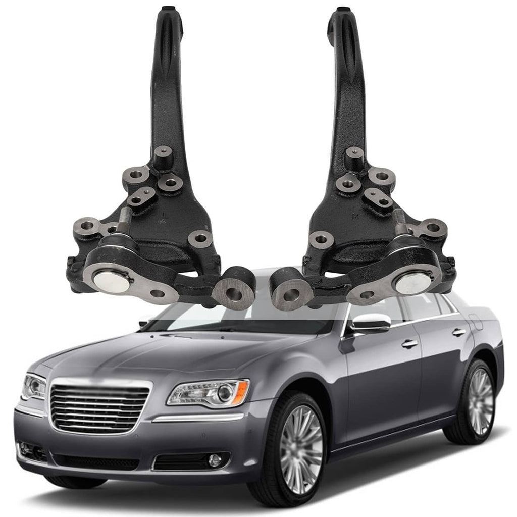 Pair of front steering knuckles with black arms, round bearing housings, and studs