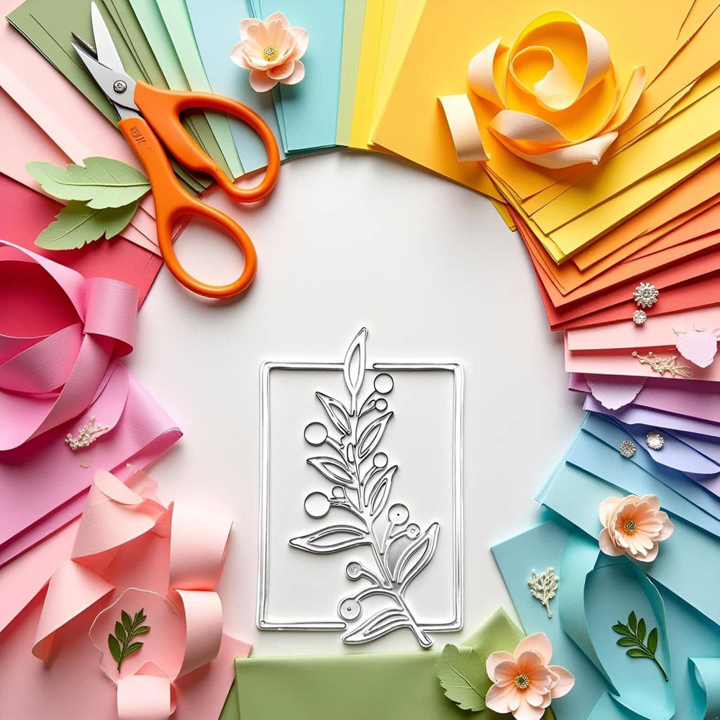 Floral tree branch metal cutting die centered on a blank card