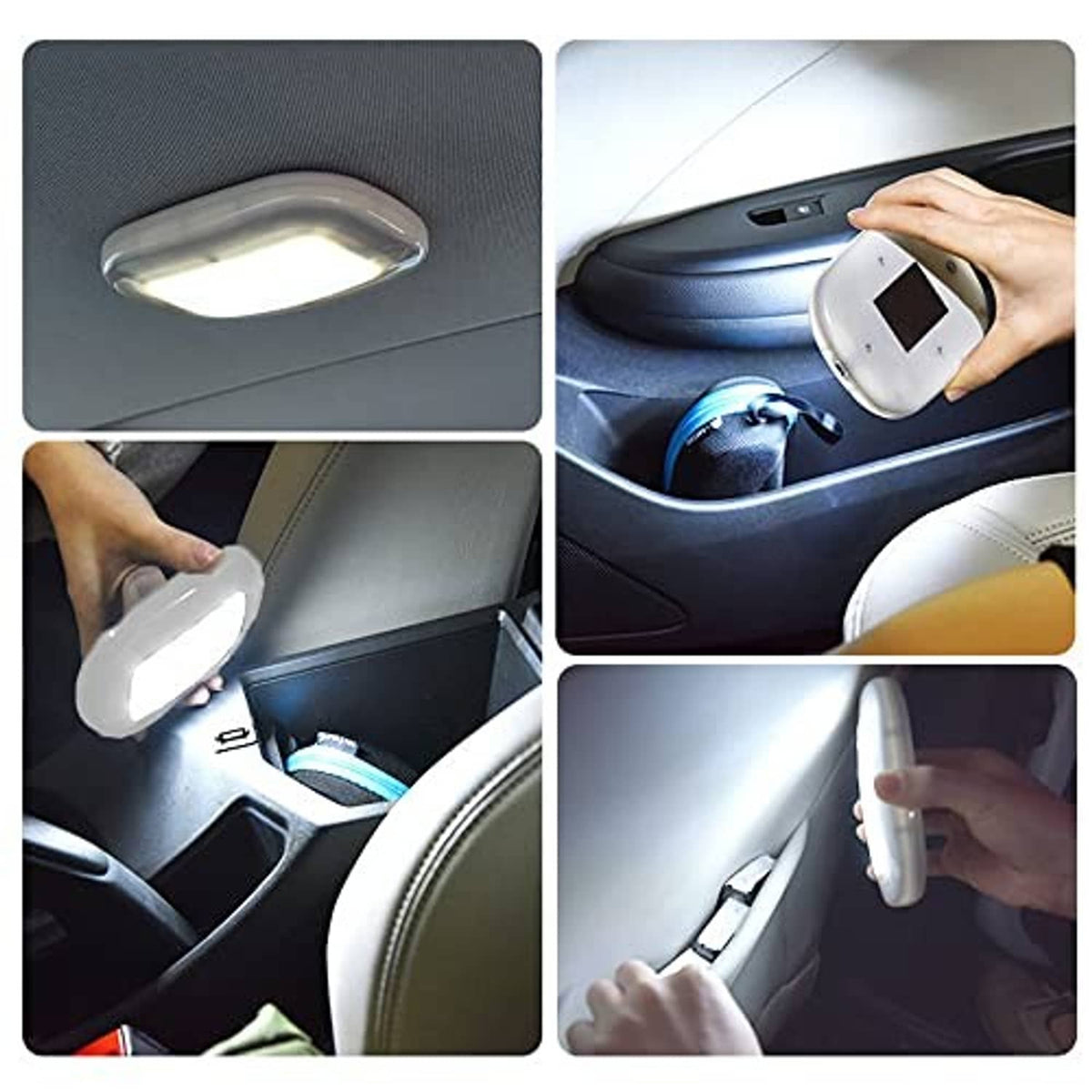 Gray portable LED light showing in-car use and handheld placement in cup area