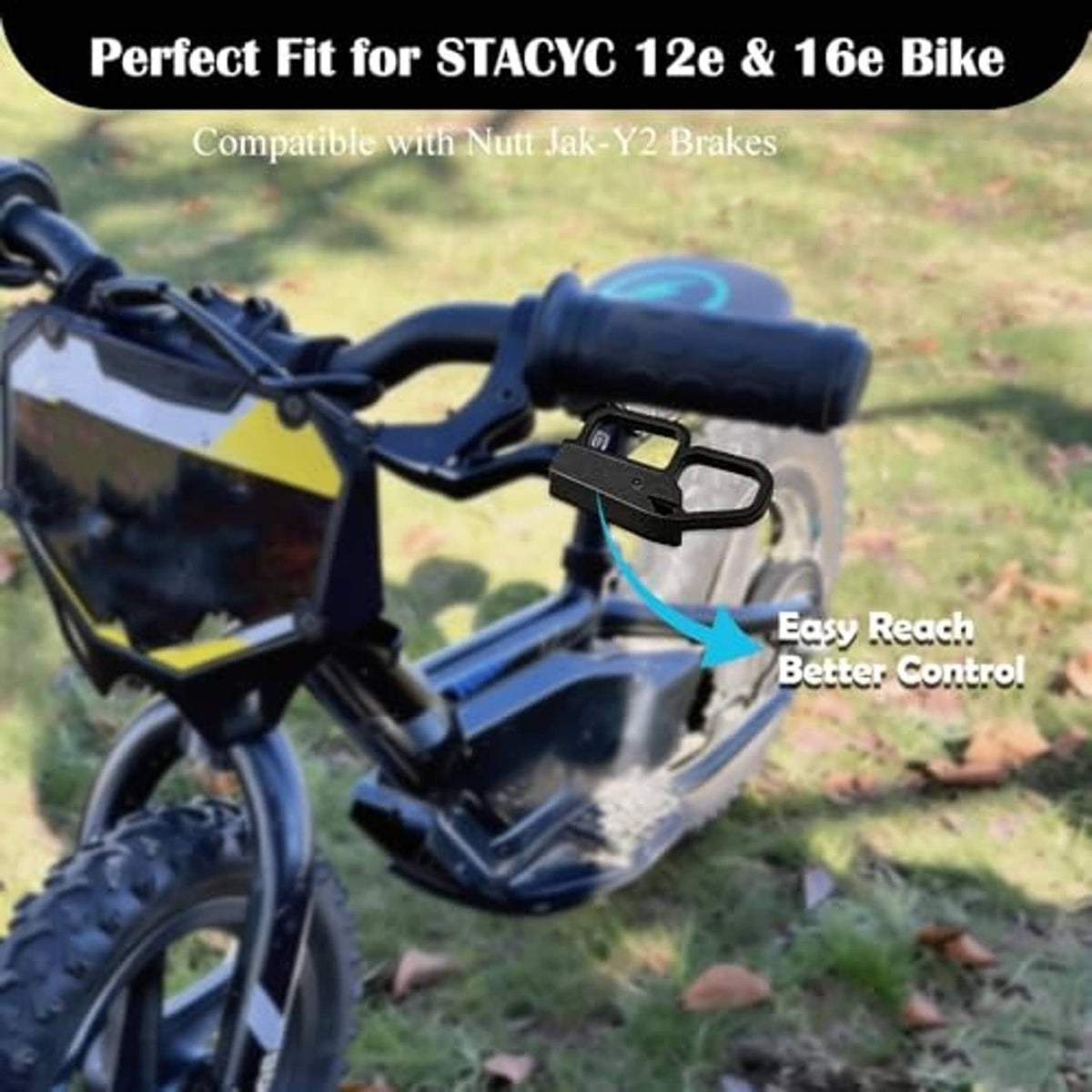 Black brake lever extender installed on a small bike handlebar for easier control