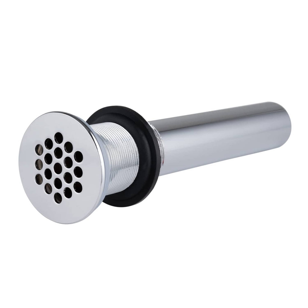 Chrome round sink drain strainer with grid holes and black gasket on threaded pipe