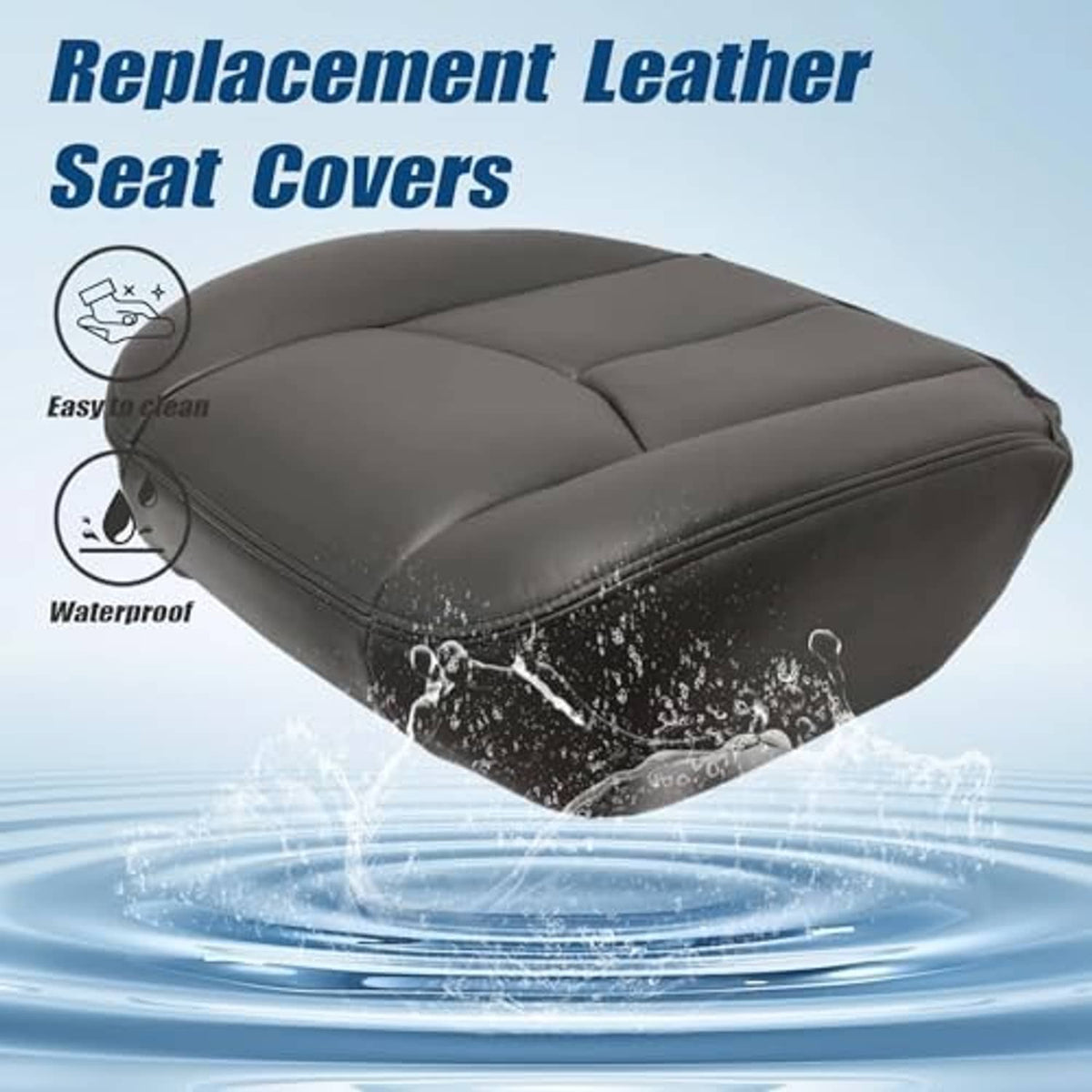 Dark gray leather seat cover cushion with contoured seams, water-splash resistant