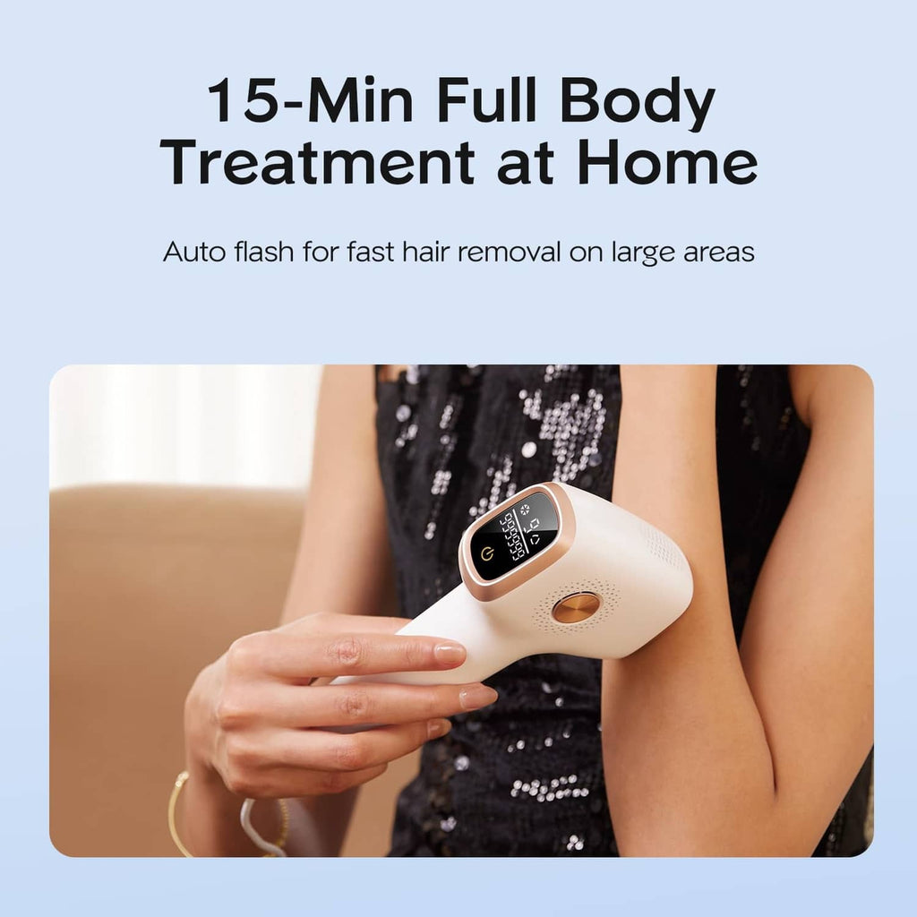 Handheld IPL hair removal device used on bare skin for at-home treatment