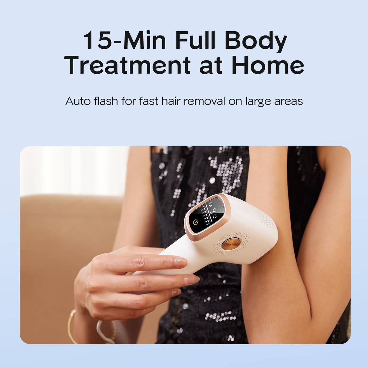 Handheld IPL hair removal device used on bare skin for at-home treatment