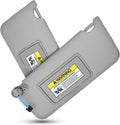 Gray sun visor pair with LED lit mirror and warning label panels