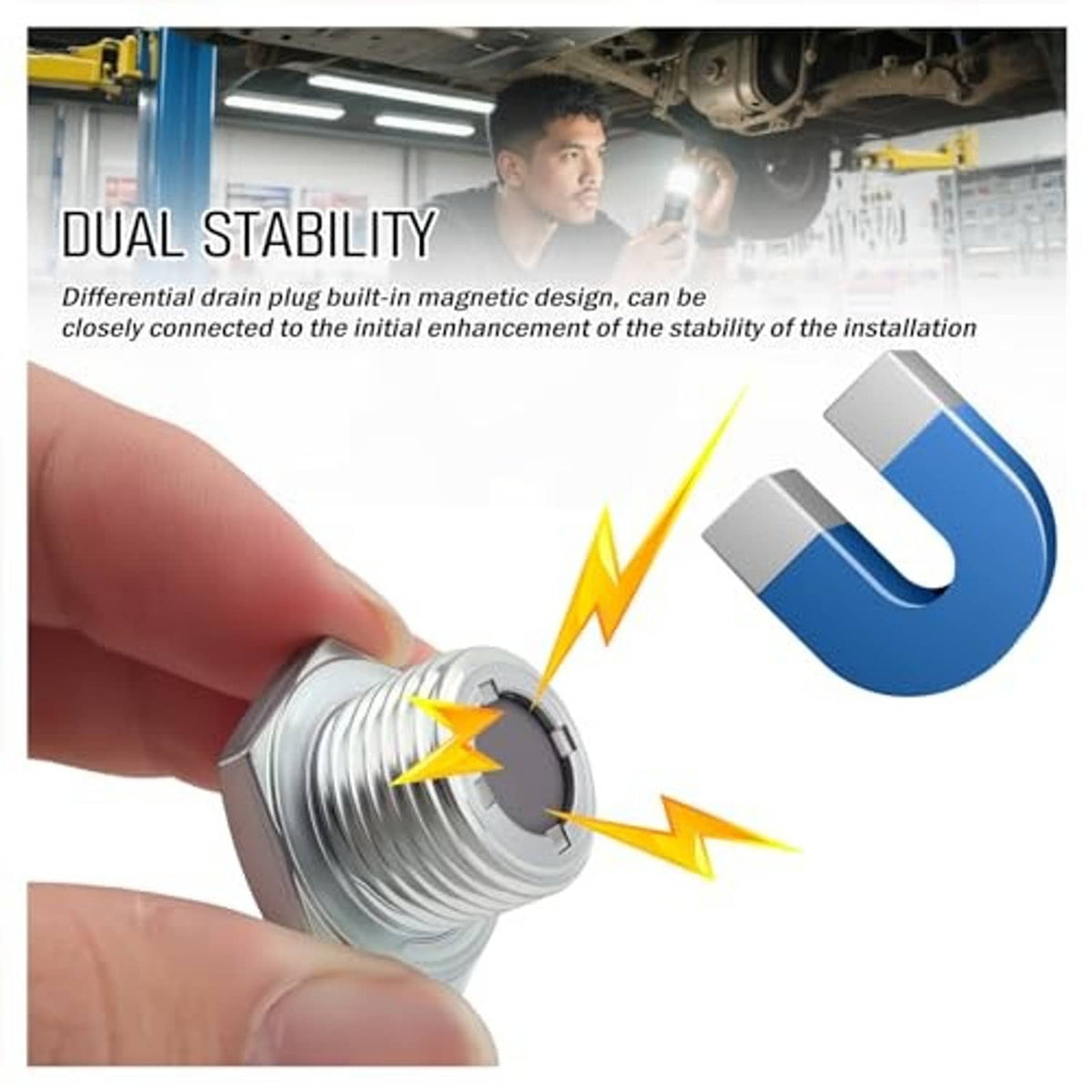Magnetic rear differential drain plug held by fingers, silver hex head and threads