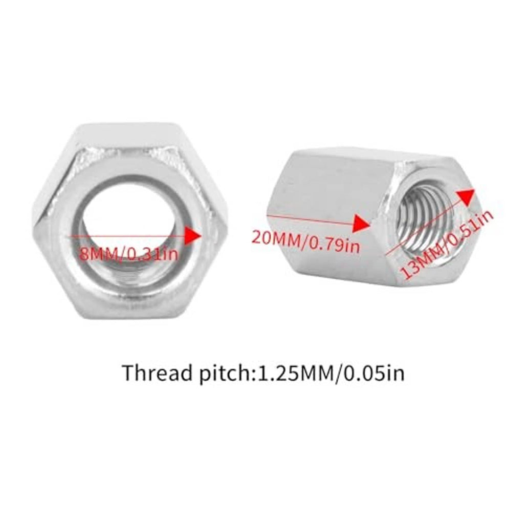 Stainless hex coupling nut with internal threads, silver finish, hex body