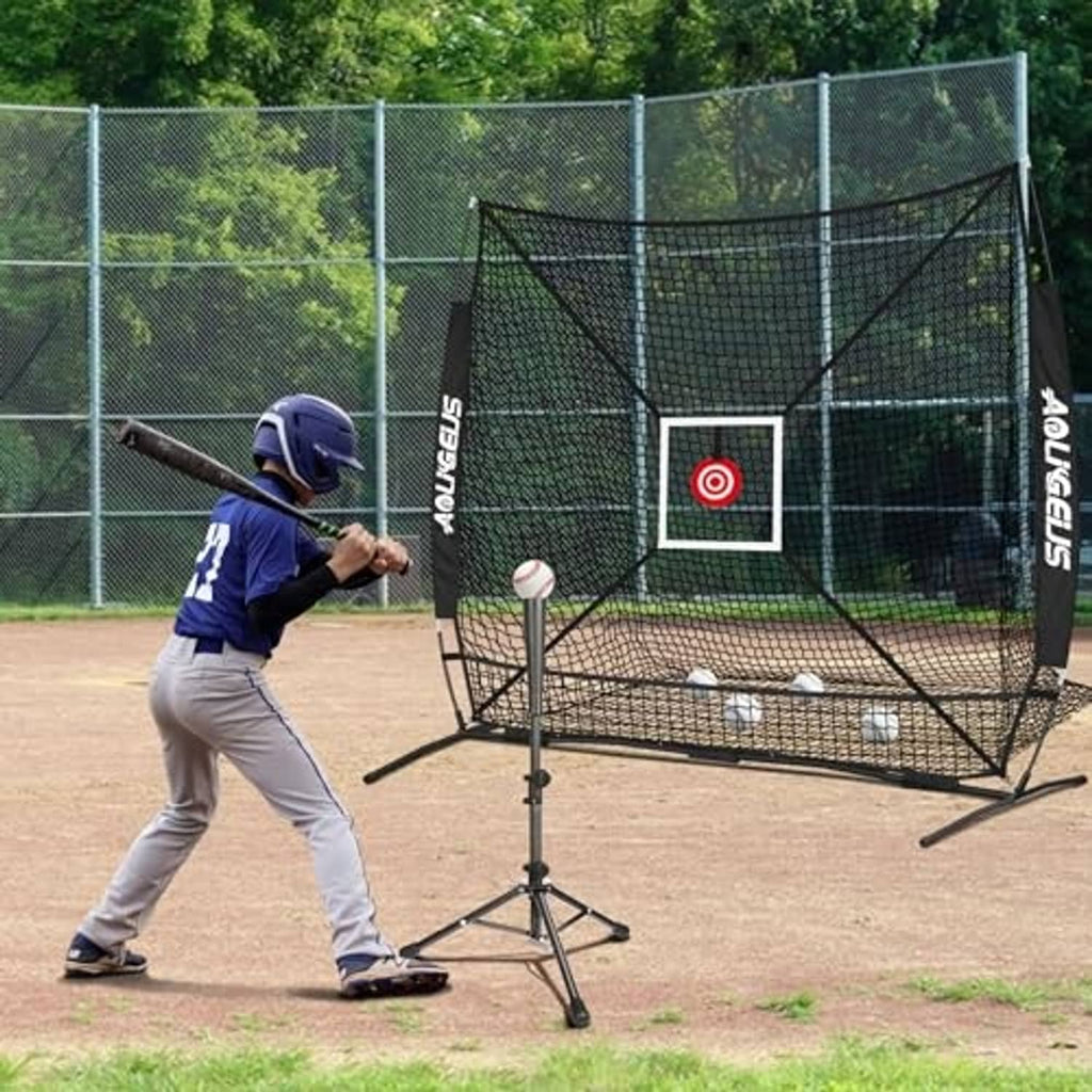Baseball pitching practice net outdoors with red target square in black mesh