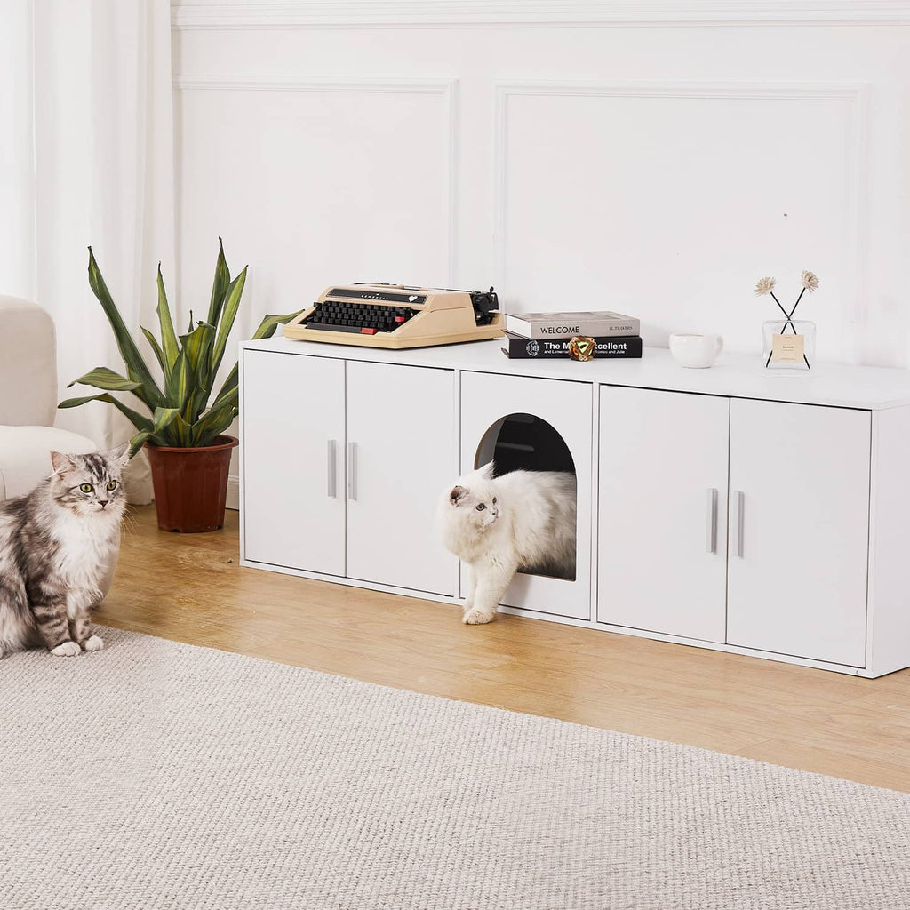 White cat litter box cabinet enclosure with central arched doorway and two side door panels